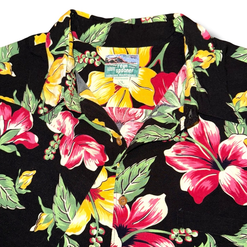 Reyn Spooner Hawaiian Traditionals Shirt XL Black Red Hibiscus Floral Spun Rayon
